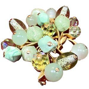 CORO Vintage Gold Tone Various Shapes Shades Green Beads Flecked 2.5" Pin Brooch